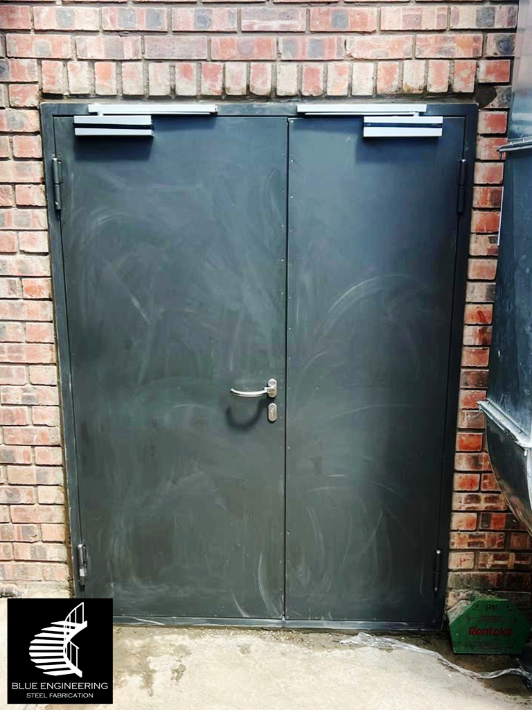 Insulated Steel Fire Protection Door with Emergency Exit Panic Push Bars. Fire Protection Doors, Fire Doors, Fire Rated Doors, Fire Proof Doors, Fire Resistant Doors, Certified Fire Doors. KwaZulu Natal, Durban, Ballito, Hillcrest, Amanzimtoti, Pinetown, Gauteng, Johannesburg, Pretoria, Midrand, South Africa