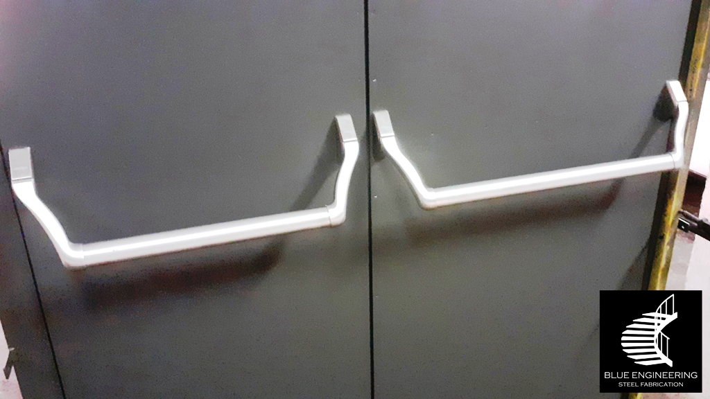 Emergency Exit Panic Push Bars on Insulated Steel Fire Protection Doors, Fire Resistant Doors, Fire Rated Doors, Fire Doors, Fire Proof Doors and Fire Certified Doors.  KwaZulu Natal, Durban, Ballito, Hillcrest, Amanzimtoti, Pinetown, Gauteng, Johannesburg, Pretoria, Midrand, South Africa 