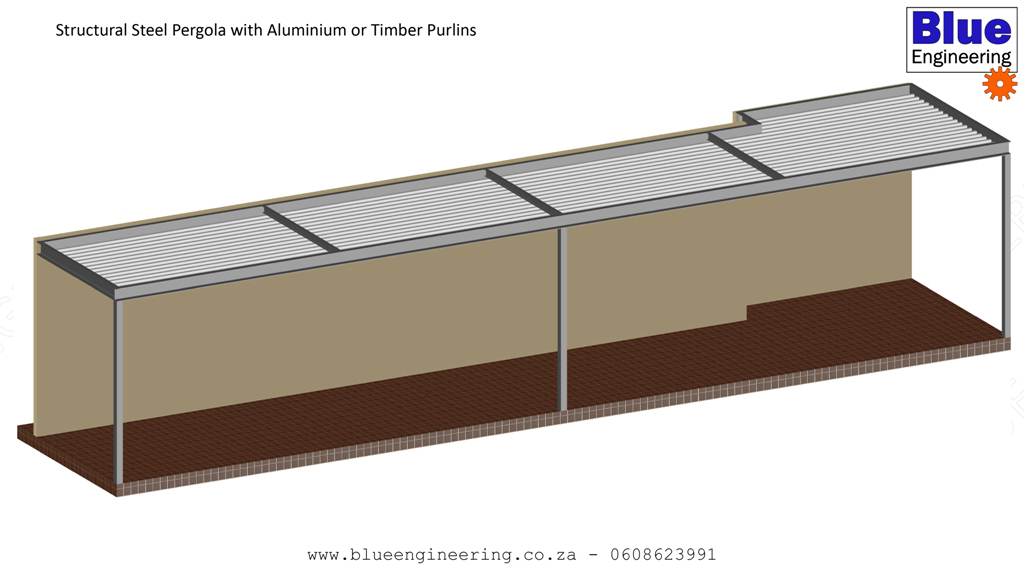 Structural steel pergola with alumnium or timber purlins