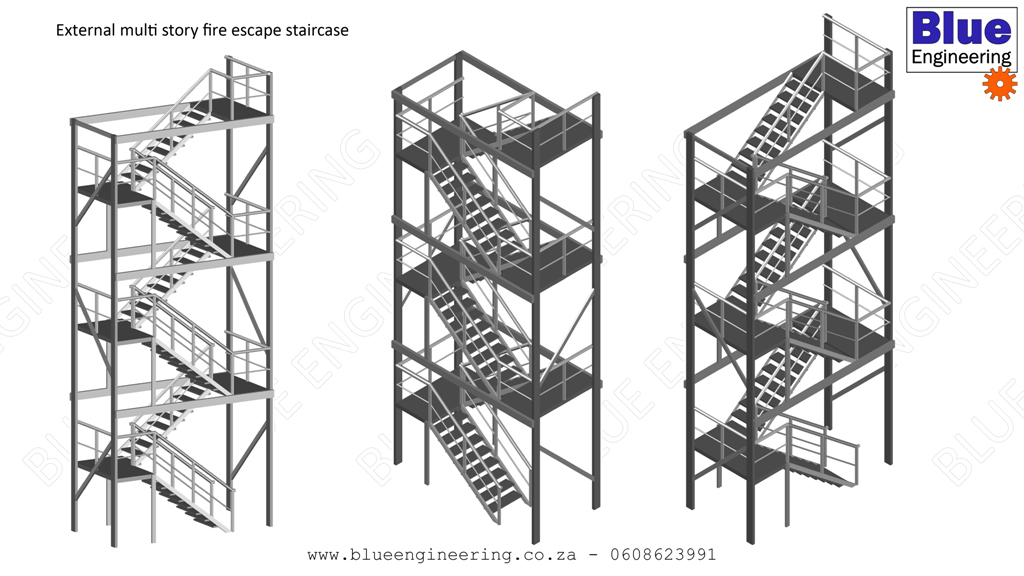 External multi story steel fire escape staircase