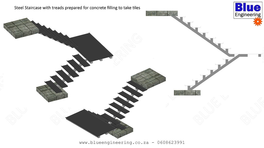 Mono Stringer Steel Staircase with Channel Treads for filling concrete, ideal for tiling and other finishes