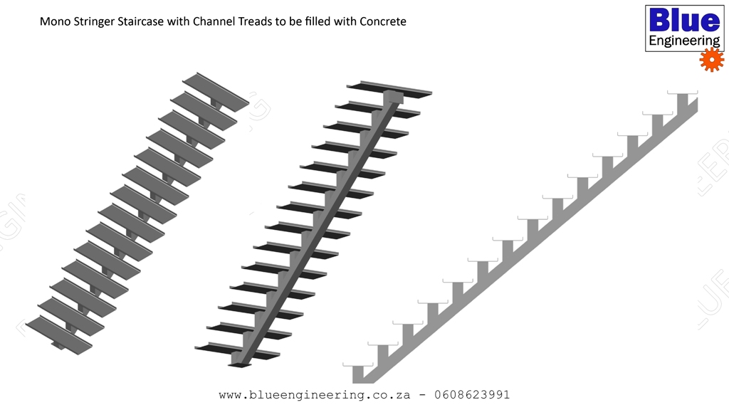 Mono Stringer Steel Staircase with Channel Treads for filling concrete, ideal for tiling and other finishes