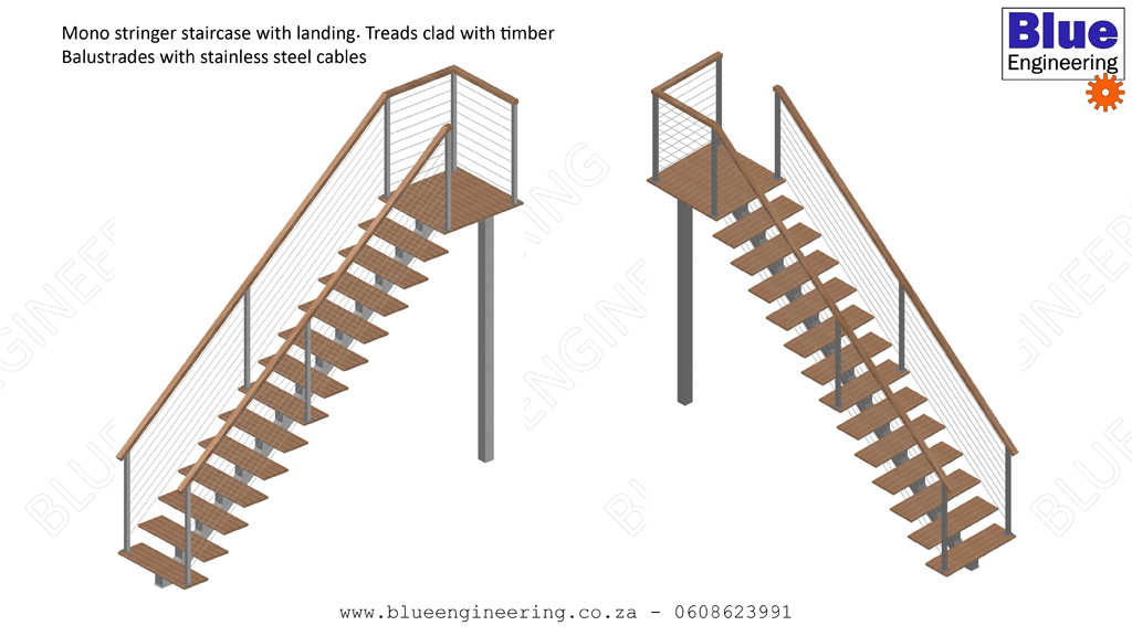 Mono stringer stairs with timber clad treads. Balustreades with stainless steel cables