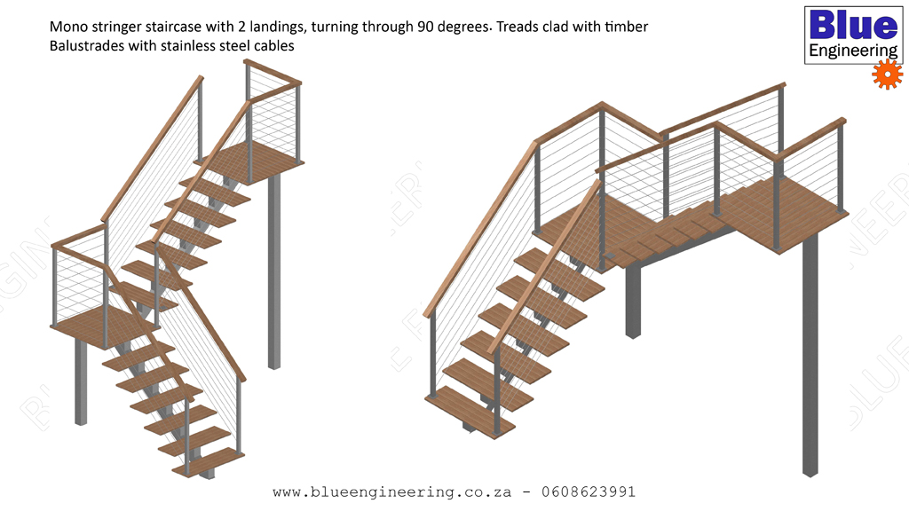 Mono stringer stairs with timber clad treads. Balustreades with stainless steel cables