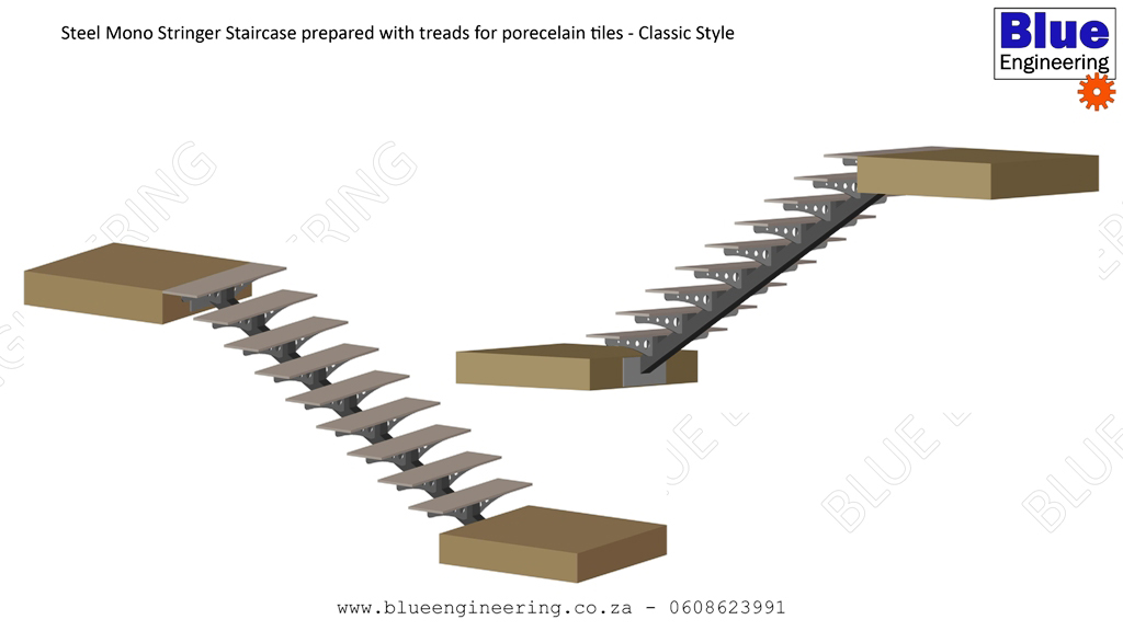 Classic Style Mono Stringer Staircase with treads prepared for porcelain tiles