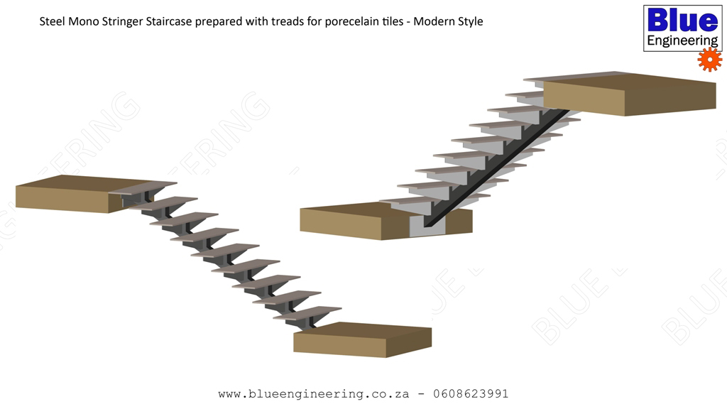 Modern Style Mono Stringer Staircase with treads prepared for porcelain tiles