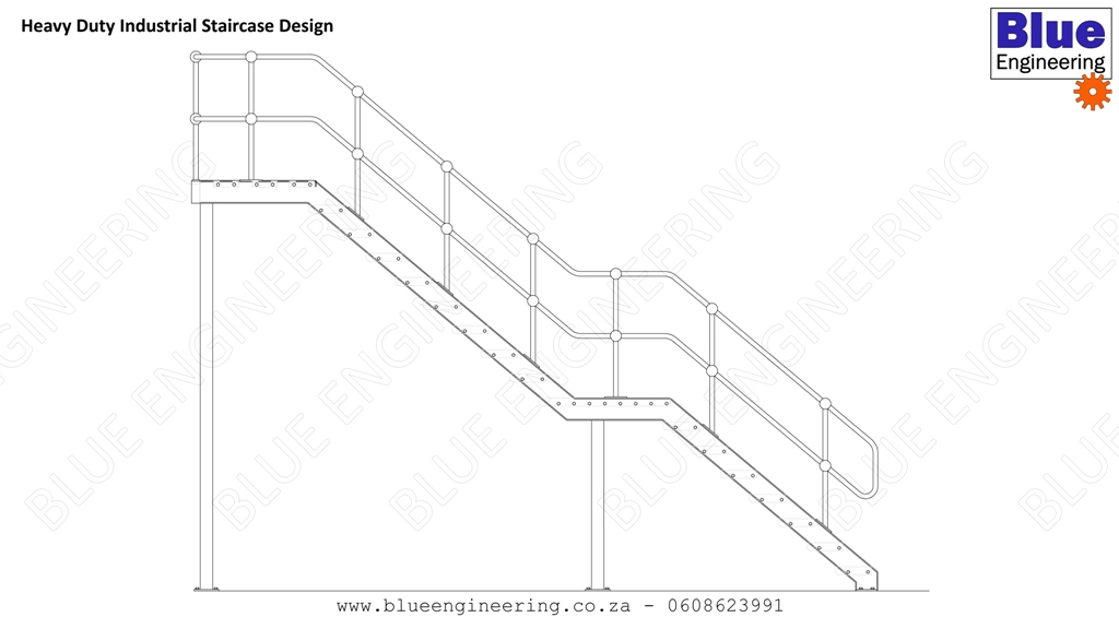 Industrial Steel Staircases and Fire Escape Staircases with grating steps, channel stringers and steel stanchions and handrails