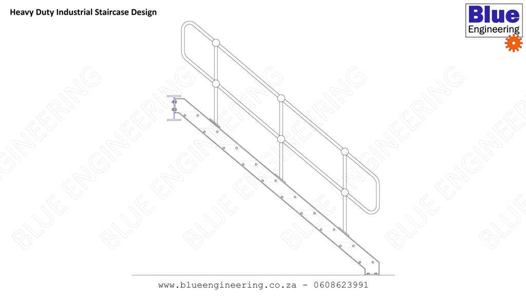 Industrial Steel Staircases and Fire Escape Staircases with grating steps, channel stringers and steel stanchions and handrails