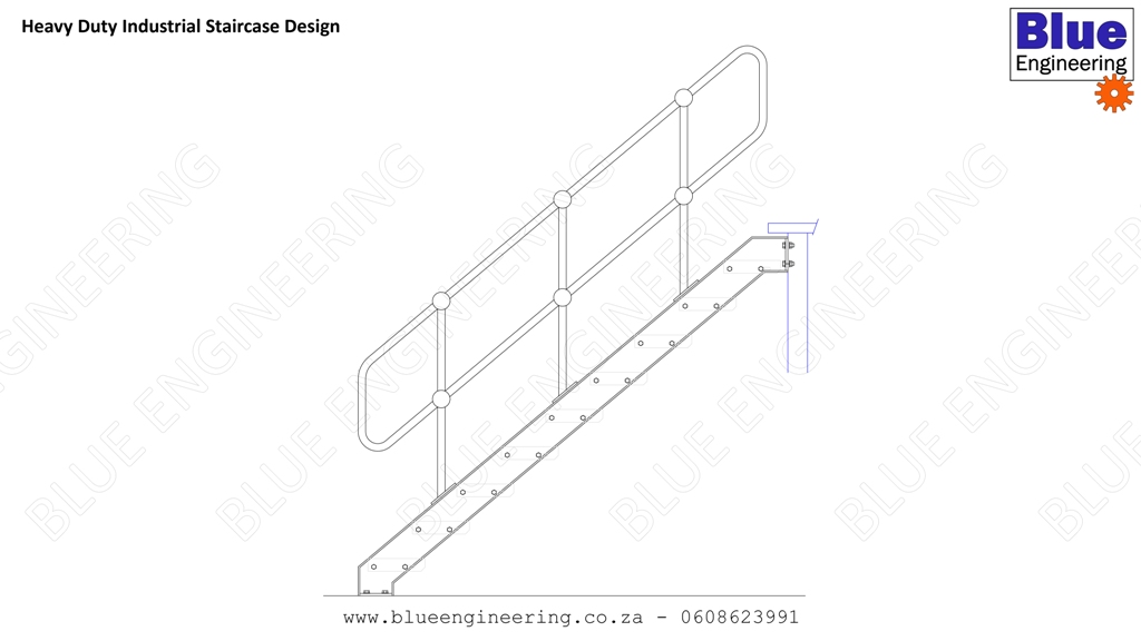 Industrial Steel Staircases and Fire Escape Staircases with grating steps, channel stringers and steel stanchions and handrails