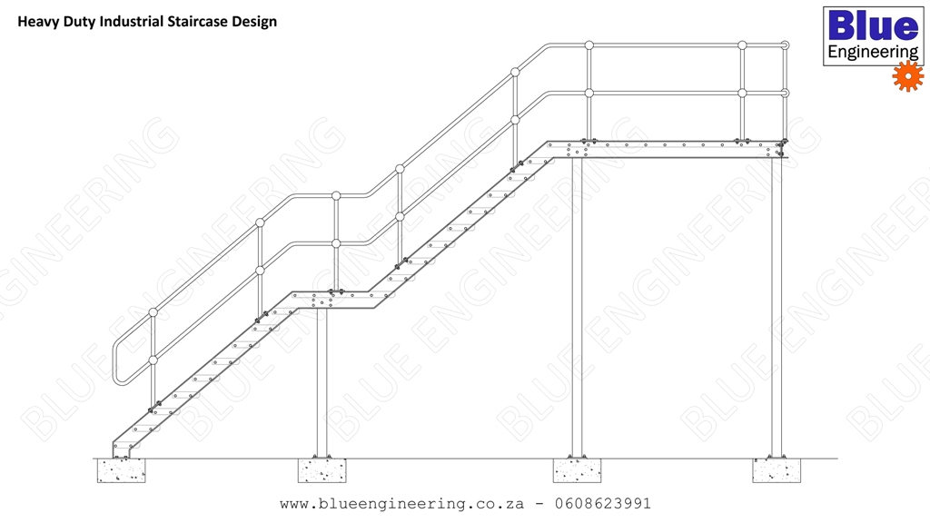 Industrial Steel Staircases and Fire Escape Staircases with grating steps, channel stringers and steel stanchions and handrails