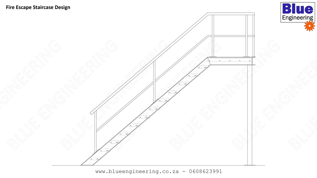 Industrial Steel Staircases and Fire Escape Staircases with grating steps, channel stringers and steel stanchions and handrails