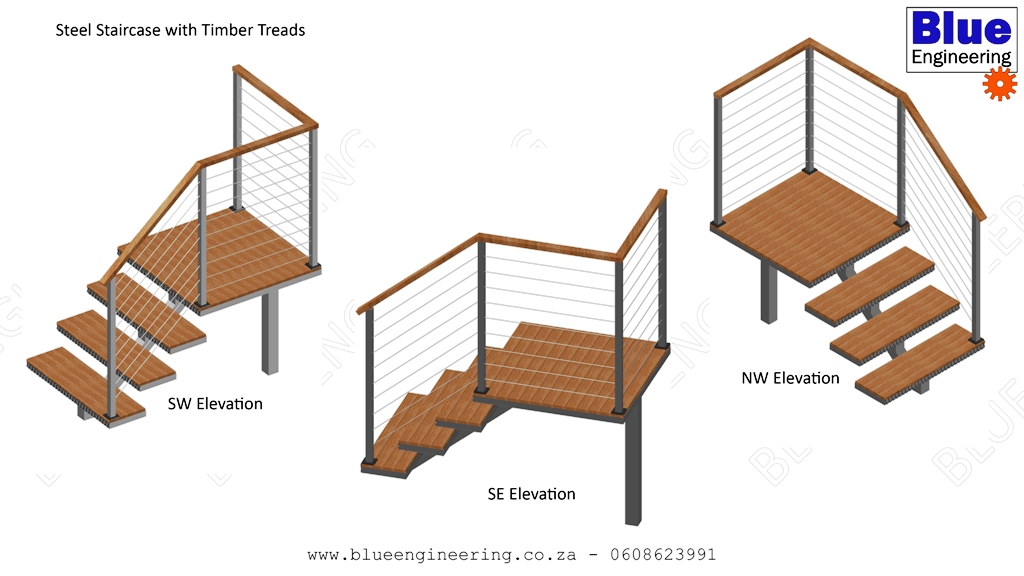 Steel mono stringer staircase with wooden clad treads, balaustrades with stainless steel cable