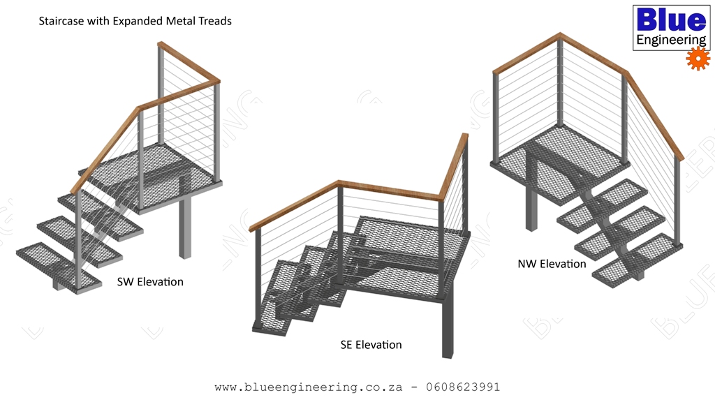 Steel Mono Stringer Staircase with landing and expanded metal treads, balaustrades with stainless steel cable