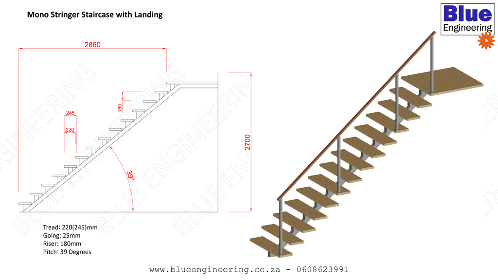 Mono Stringer Staircase. Balustrades with wooden handrail and stainless steel cables.