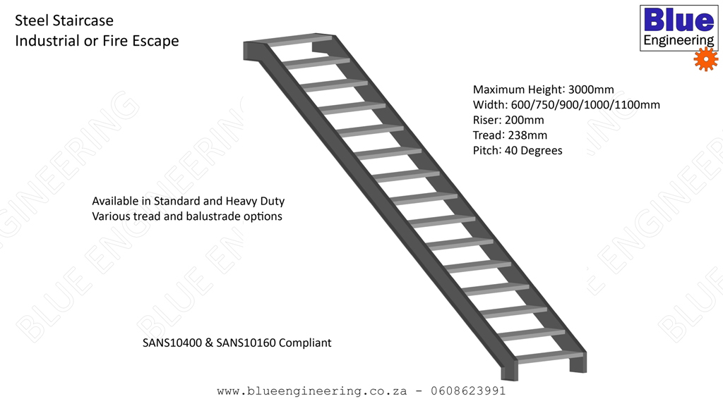 Steel Staircases with or without Landings, available in Standard or Heavy Duty Specification, SANS 10400 and SANS 10160 Compliant