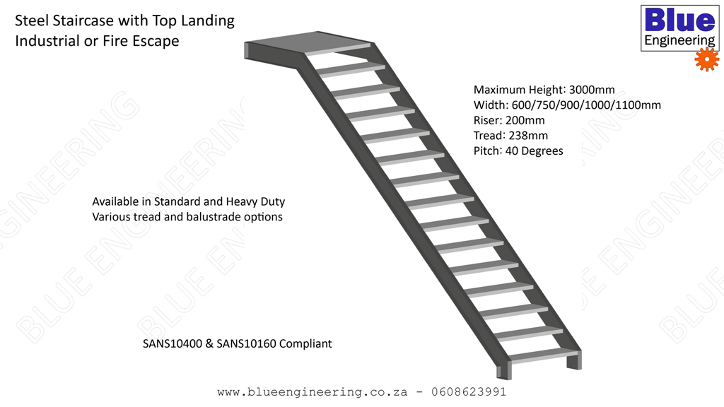 Steel Staircases with or without Landings, available in Standard or Heavy Duty Specification, SANS 10400 and SANS 10160 Compliant