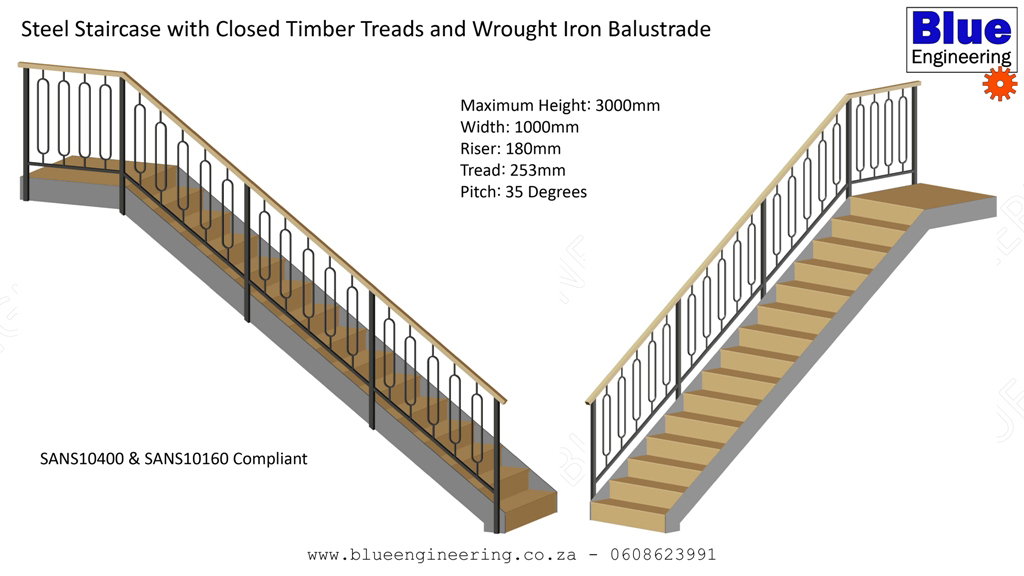 Steel staircase with closed timber treads and wrought iron balustrades