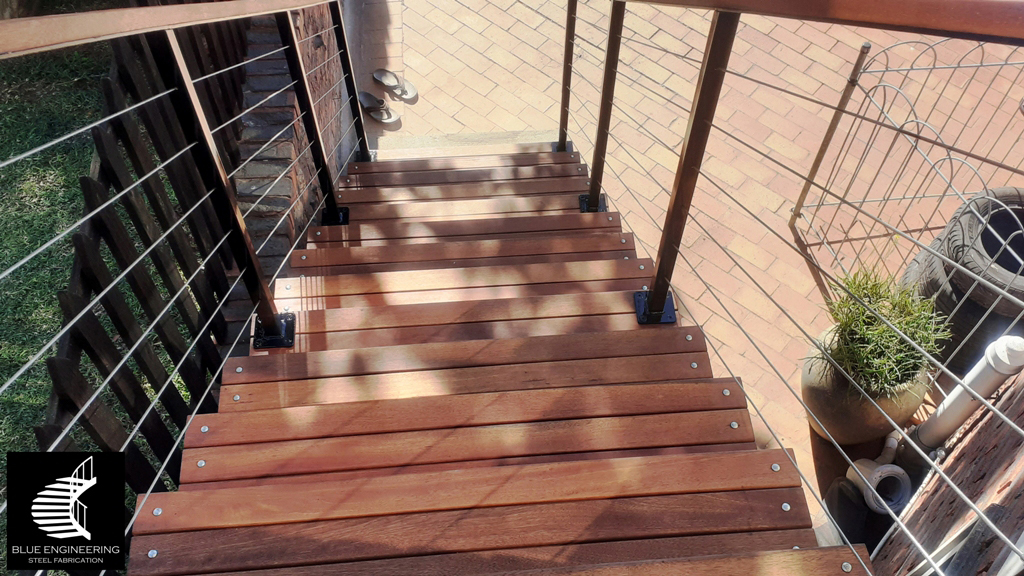 Mono Stringer Staircase with Balau Timber Slat Treads. Wooden Staircases Durban, Timber Staircases Durban, Pine Staircases Durban
