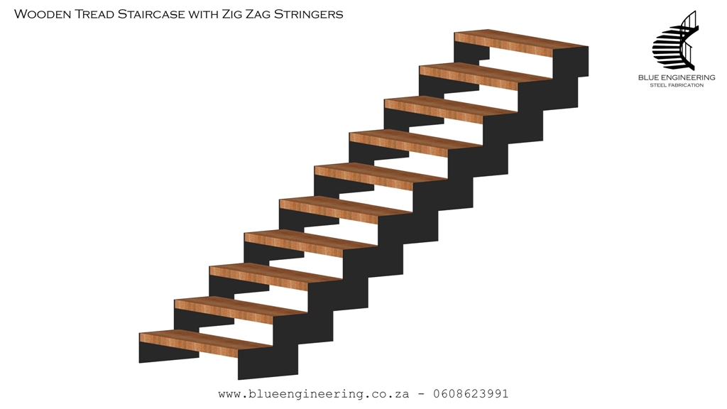 Staircase with Zigzag Stringers and Wooden Treads. Wooden Staircases Durban, Timber Staircases Durban, Pine Staircases Durban