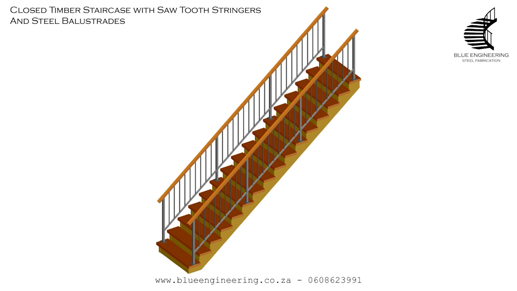 Closed Timber Staircase with steel balustrades. . Wooden Staircases Durban, Timber Staircases Durban, Pine Staircases Durban