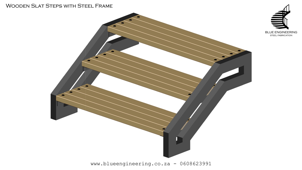 CCA Pine Wood Slat Steps with Steel Frame. Wooden Staircases Durban, Timber Staircases Durban, Pine Staircases Durban