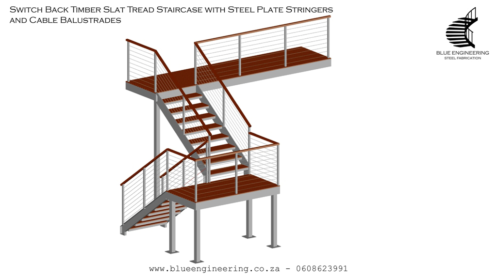 Wooden Slat Tread Staircase with Cable Balustrades. Wooden Staircases Durban, Timber Staircases Durban, Pine Staircases Durban
