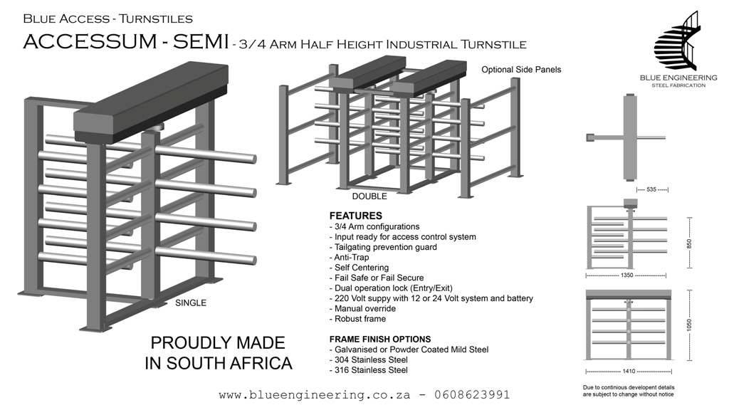 Blue Access ACCESSUM 3/4 Arm Half Height Single and Double Industrial Turnstiles