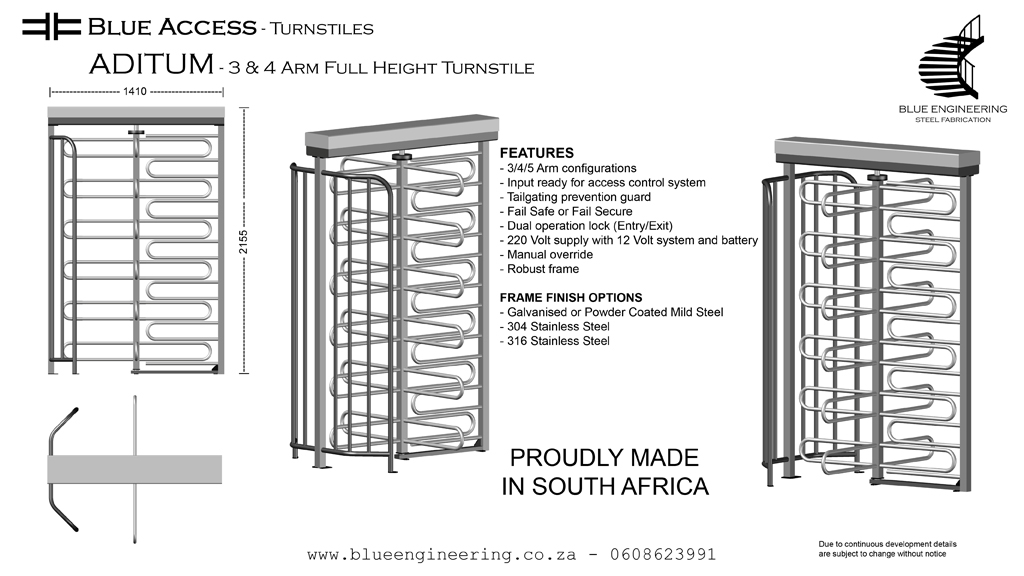 Blue Access ADITUM 3/4/5 Arm Full Height Industrial Turnstile