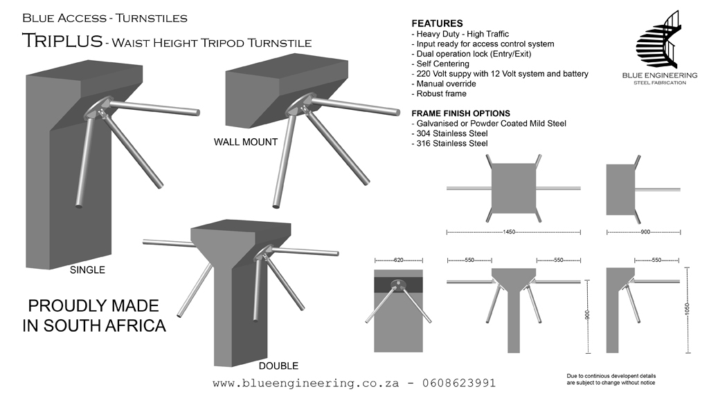 Blue Access Triplus Waist Height Tripod Turnstile in Single or Double Version