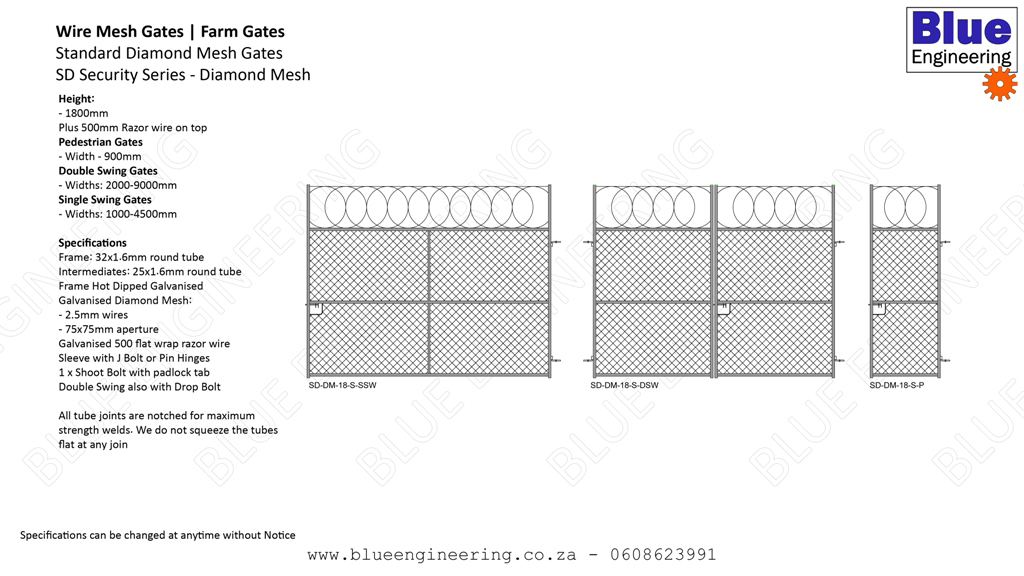 Standard Wire Mesh Security Gates Series available in Diamond Mesh and Weld Mesh