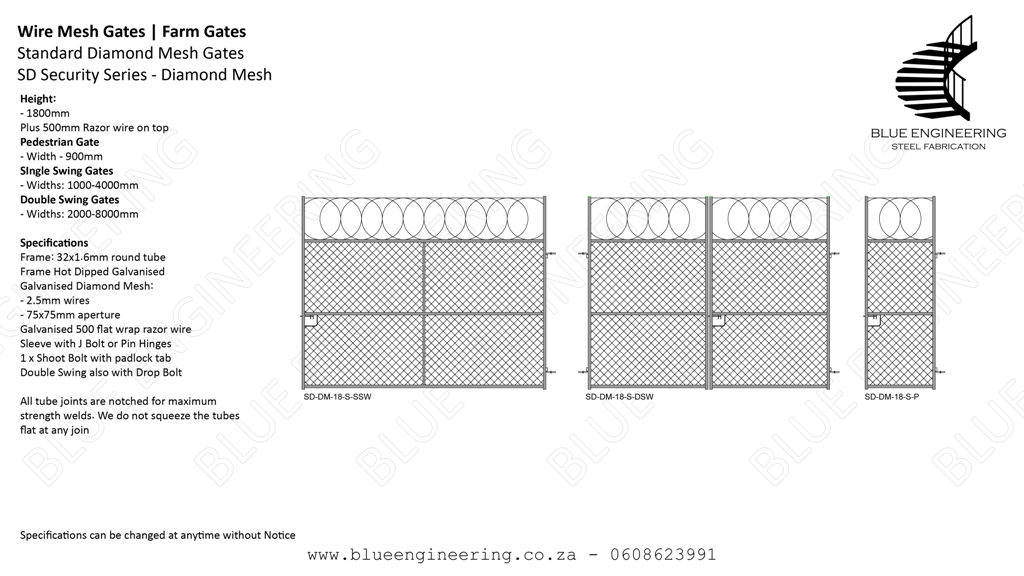 Standard Wire Mesh Security Gates Series available in Diamond Mesh and Weld Mesh